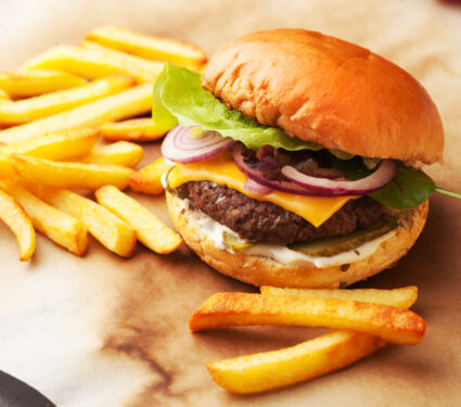 Juicy,Home,Made,Burger,Served,With,Crispy,Fries.