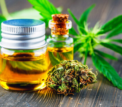 Green,Leaves,Of,Medicinal,Cannabis,With,Extract,Oil.medical,Marijuana,Flower