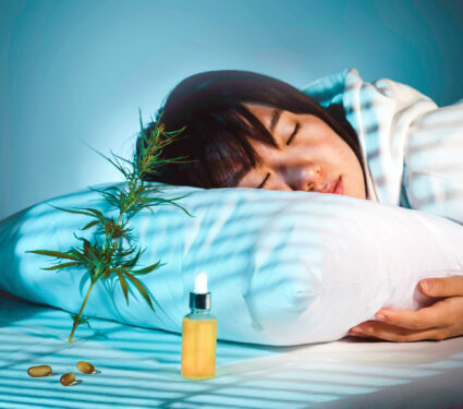 Asian,Girl,Sleeping,In,Evening,Bedroom,With,Cbd,Oil,,Capsules