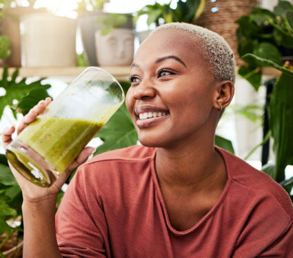 Black,Woman,,Healthy,And,Green,Smoothie,With,Nutrition,For,Detox