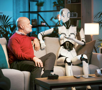 Senior,Man,And,Female,Ai,Robot,Sitting,On,The,Couch