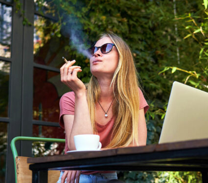 Young,Beautiful,Female,Sitting,At,A,Street,Cafeteria,With,A