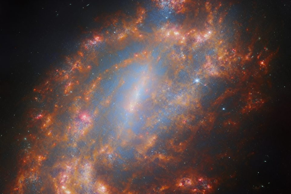 Spiral galaxy glows with young stars and interstellar dust