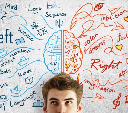 Attractive,Young,Man,On,Concrete,Background,With,Brain,Sketch.,Creative