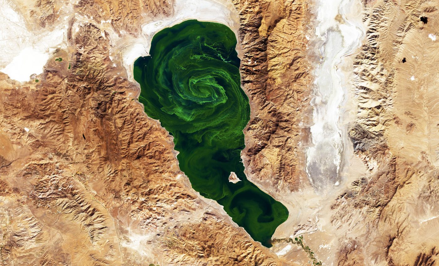 Pyramid Lake water turns dark green with beautiful swirling whirlpool currents