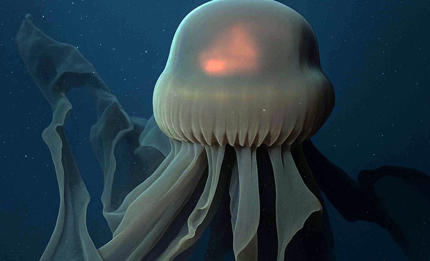Giant phantom jellyfish spotted swimming under a newly broken-off iceberg
