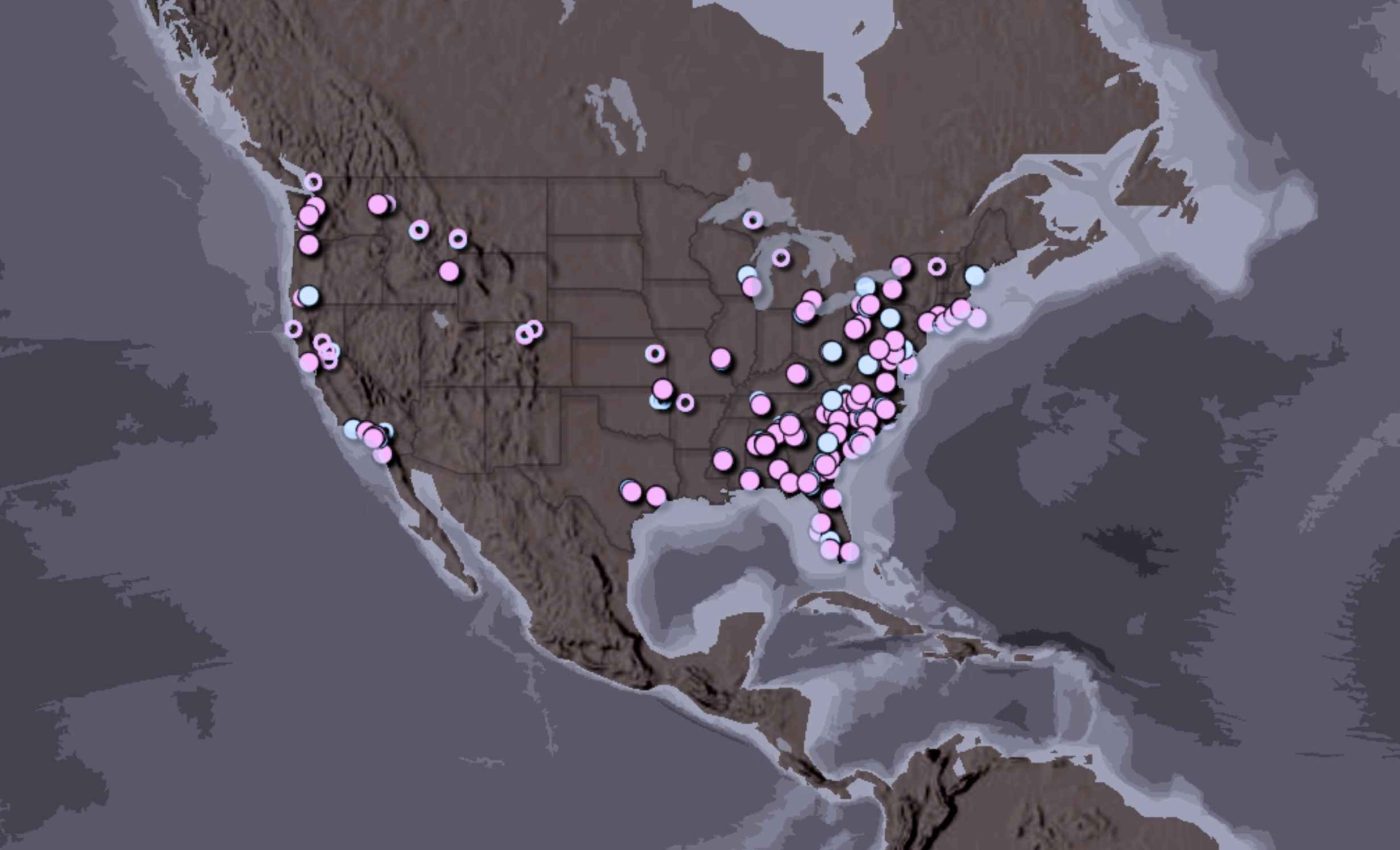 Map marks cities in the US where PFAS toxins were detected in drinking water